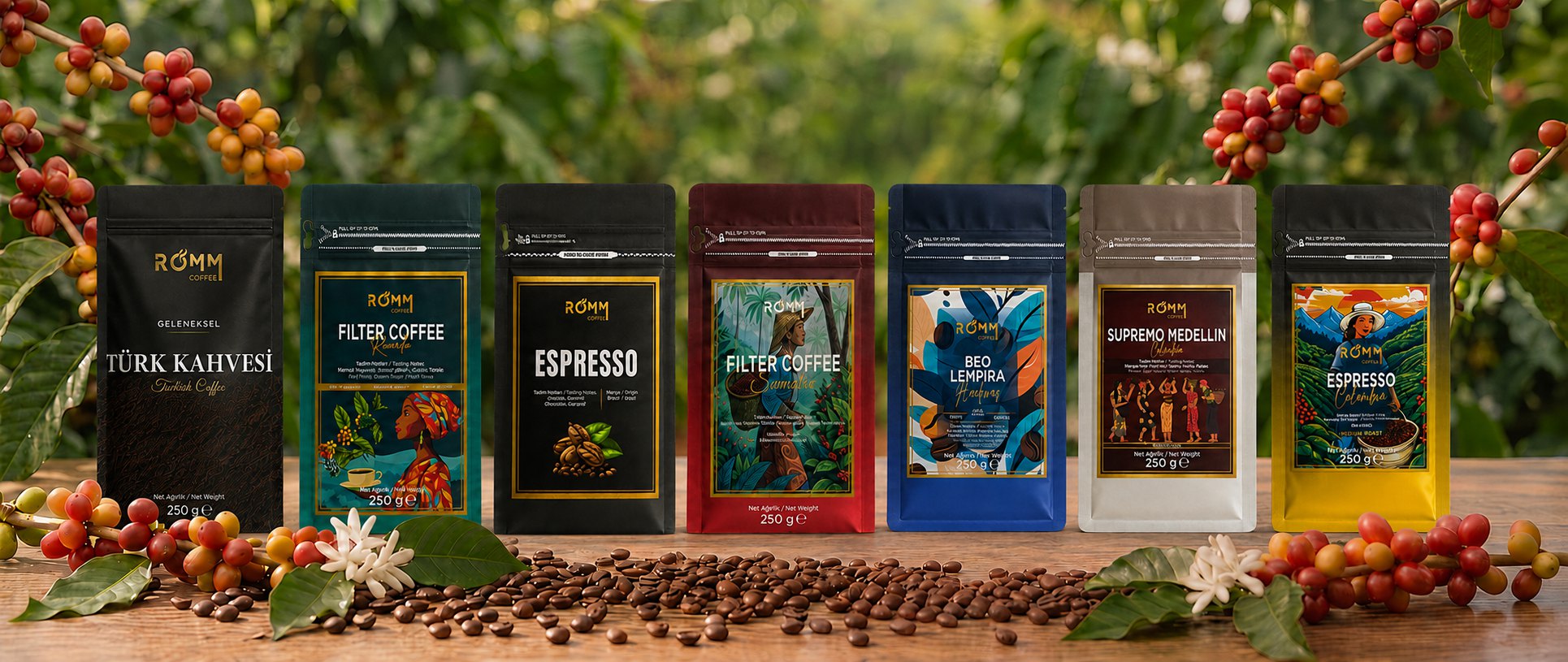 Kahve bahçesi önünde Romm Coffee tek kökenli kahve serisi